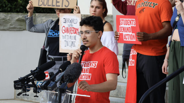 Andres Perez, a student at Florida State University, speaks at a rally for gun safety on the steps of the Florida Capitol Building six days after the 2025 mass shooting at Florida State University.