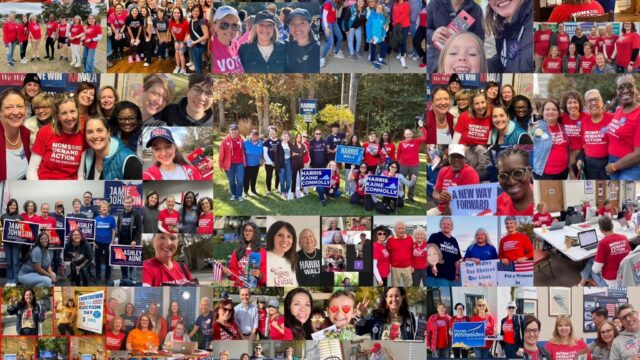 A photo collage of approximately 100 volunteer activations; volunteers are wearing red shirts. Some photos in the collage are of groups, others are of individuals.