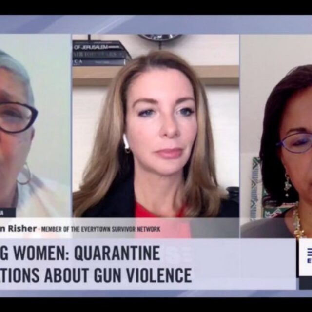 Screenshot of Reverend Sharon Risher, Shannon Watts, and Susan Rice on a live video conversation