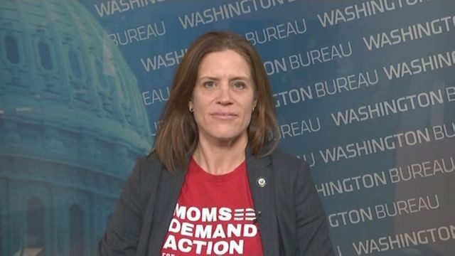 Sarah Dachos, a member of the Everytown Veterans Advisory Council, wears a Moms Demand Action shirt.