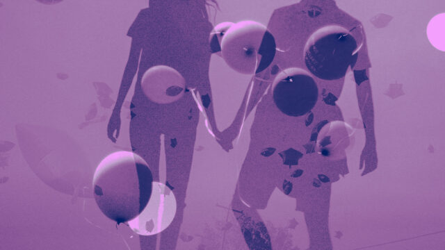 A graphic for Teen Dating Violence Awareness Month. The silhouette of two people holding hands with their backs to the viewer is overlaid with balloons.