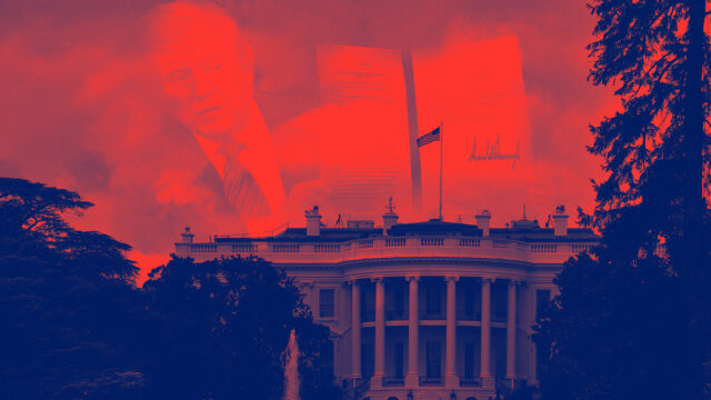 A red-toned image of the White House with an image of Trump signing a bill superimposed above the White House, representing the Trump administration actions on gun safety and gun violence.