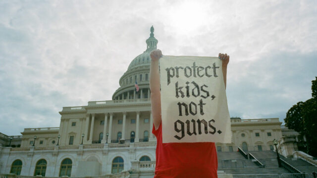 A low-angle photo of a person standing in front of the steps of the Capitol Building in Washington, D.C. The person is wearing a red shirt and is holding up a rectangular sign in front of their face that reads 