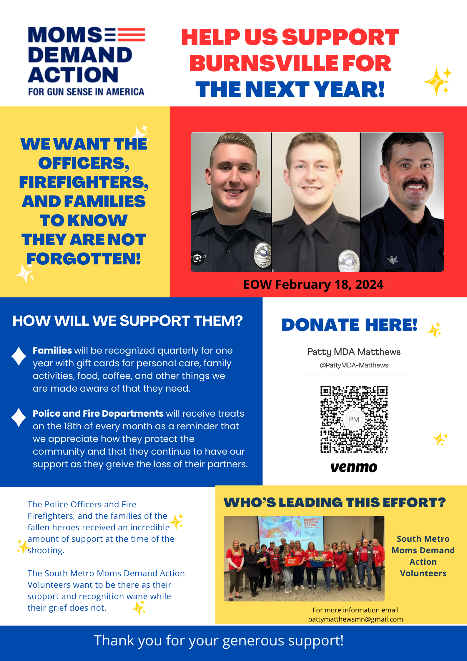 A poster branded with the Moms Demand Action logo reads "Help Us Support Burnsville For" in red text and "The Next Year" in blue text at the top. There are text boxes in shades of yellow, red, white, and blue about the Burnsville Care Team. The department headshot images of the three first responders killed on Feb. 18, 2024, are displayed at the top right of the poster, labeled "EOW: February 18, 2024."