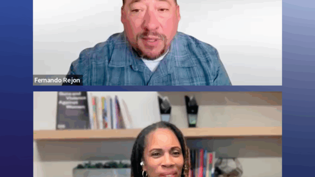 Fernando Rejón, executive director of Urban Peace Institute, and Angela Ferrell-Zabala, executive director of Moms Demand Action, are pictured on split-screen Zoom squares during a virtual discussion about community violence intervention (CVI) funding cuts.