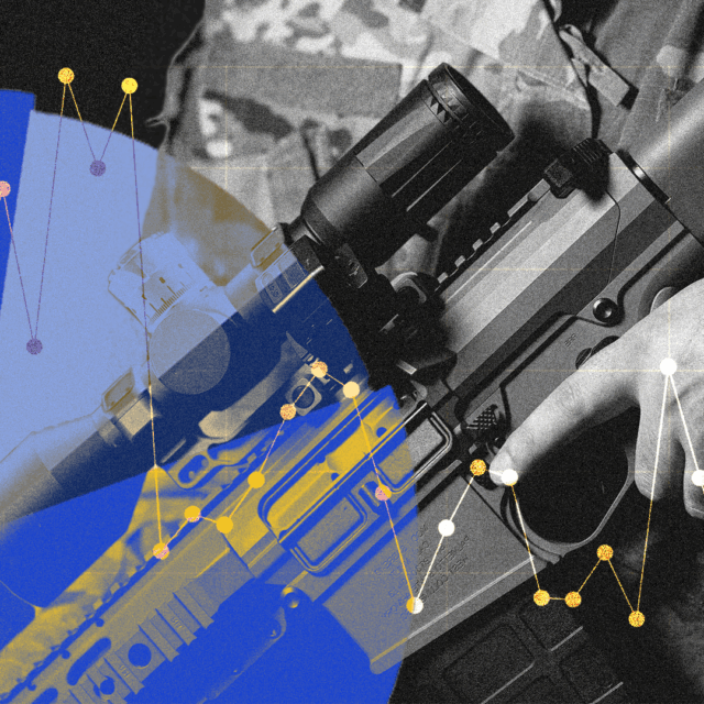 A black-and-white image close-up of a person's torso and hand holding a firearm resembling a rifle. This image is overlaid with a line chart in white, orange, and purple and with a pie chart in shades of light and dark blue.