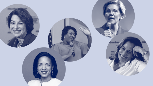 A collage of five women leaders, including Amy Klobuchar, Stacey Abrams, Elizabeth Warren, Kamala Harris, and Susan Rice