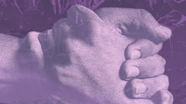 A purple-toned image of clasped hands with purple flowers in the background, representing taking action on domestic violence and gun violence.