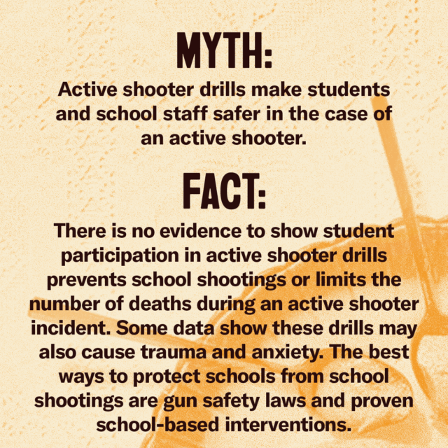 This holiday season, fork over the facts. Myth: Active shooter drills make students and school staff safer in the case of an active shooter. Fact: There is no evidence to show student participation in active shooter drills prevents school shootings or limits the number of deaths during an active shooter incident. Some data show these drills may also cause trauma and anxiety. The best ways to protect schools from school shootings are gun safety laws and proven school-based interventions. Source: Everytown.org/Facts