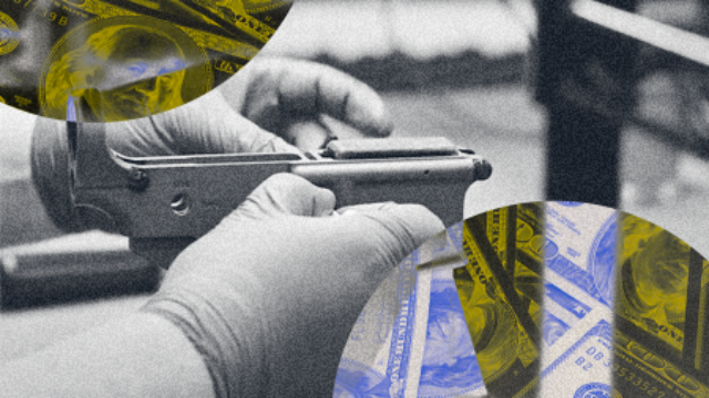A person wearing plastic gloves assembles a firearm in a manufacturing plant. The image is overlaid with blue- and yellow-toned circles showing dollar bills.