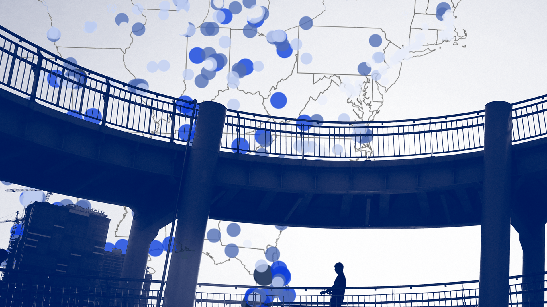 Visual of a bridge juxtaposed over a map with dots on it