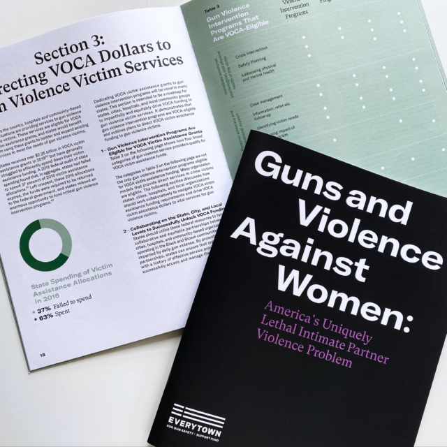 A print research report title, Guns and Violence Against Women: America's Uniquely Lethal Intimate Partner Violence Problem