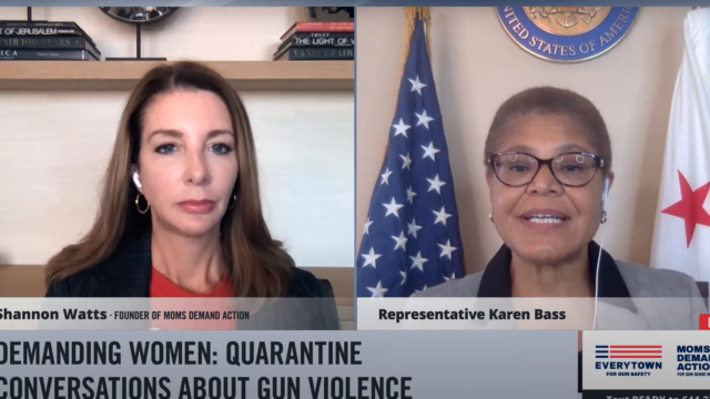 Screenshot of a Facebook live conversation with Shannon Watts and Representative Karen Bass