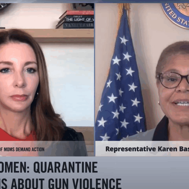 Screenshot of a Facebook live conversation with Shannon Watts and Representative Karen Bass