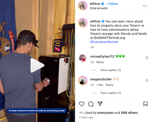 A screen capture of an Instagram reel post from social media influencer @elfitvic where they are describing how they securely store their firearms in a safe at home. The caption reads: You can learn more about how to properly store your firearm or how to have conversations about firearm storage with friends and family at BeSMARTforKids.org. #EverytownPartner