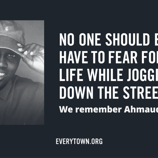 Image of Ahmaud Arbery, a 25-year-old Black man who was murdered in Georgia, with the text, “no one should ever have to fear for their life while jogging down the street.”