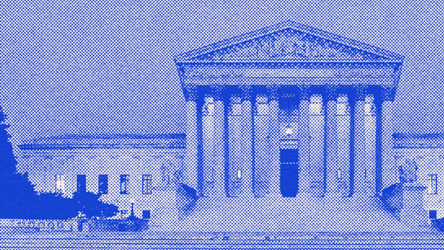 A stippled, blue-toned rendering of a front-facing view of the Supreme Court building.